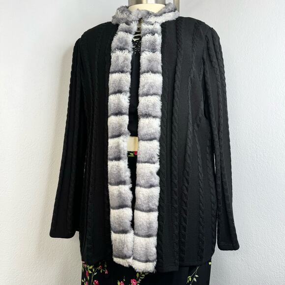 Ming Wang Black Faux Fur Cable Knit Open Wool Blend Cardigan Sweater 0X - Picture 4 of 13